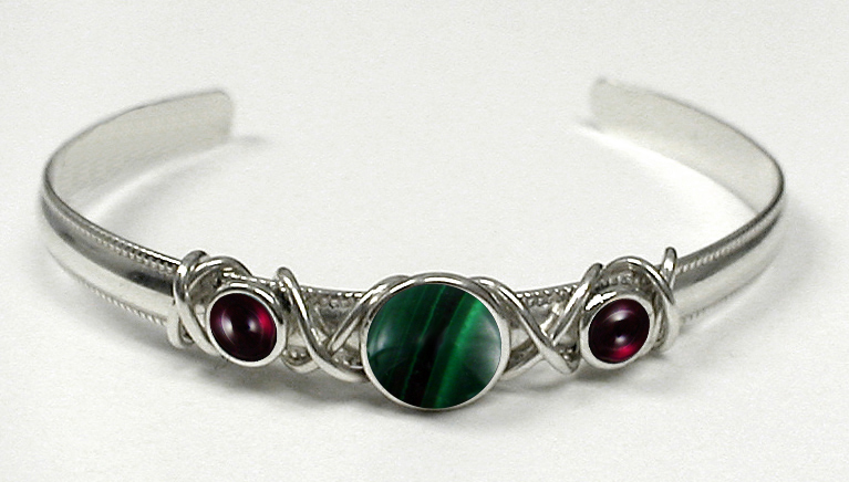 Sterling Silver Hand Made Cuff Bracelet With Malachite And Garnet